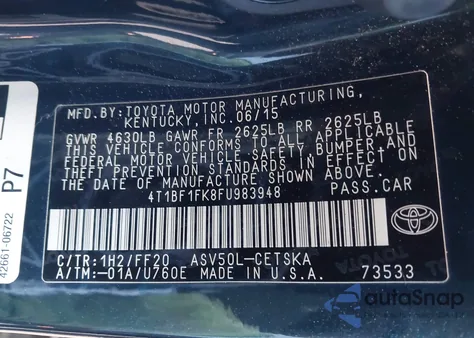 2015 Toyota Camry Se from USA, damaged, VIN 4T1BF1FK8FU983948